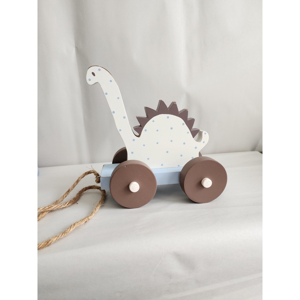 New Arrivals Inc Wooden Dinosaur Pull Toy Brontosaurus Blue White Polka Dot Wood